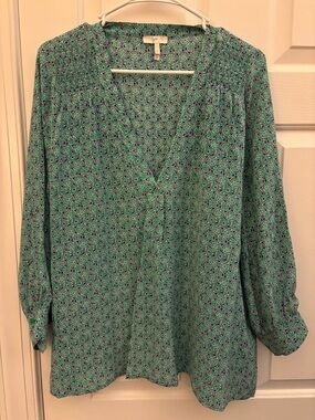 Joie Green Printed Long-Sleeve V-Neck Blouse